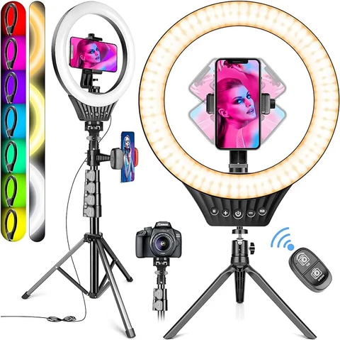 10″ Ring Light with Tripod Stand and Phone Holder – 59″ Stand & Desk Phone Tripod Stand – 8 Dimming Levels – 17 Colors