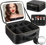 Travel Makeup Bag with LED Mirror – Adjustable Dividers – Detachable 10x Magnifying Mirror