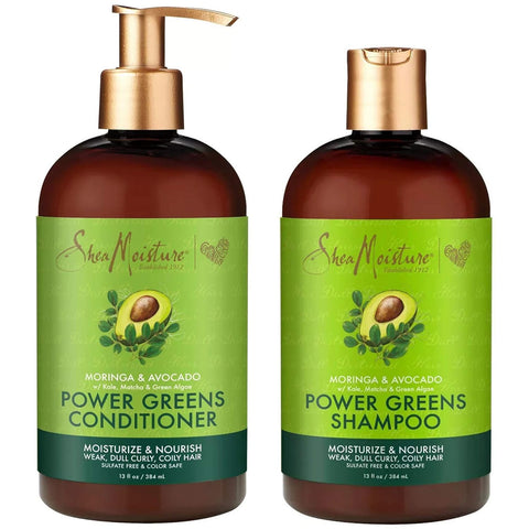 SheaMoisture Power Greens Curly Hair Shampoo and Conditioner Dry Hair Moringa Avocado to moisturize, 13 Fl Oz (Pack of 2)